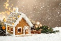 Beautiful gingerbread house decorated with icing on snow, space for text