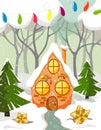 Beautiful gingerbread house in snowy fairy snow with cookies, trees, fir-trees and garlands. Christmas decorative house