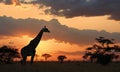 Beautiful giraffe in the african savannah at sunset