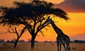 Beautiful giraffe in the african savannah at sunset