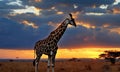 Beautiful giraffe in the african savannah at sunset