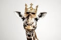 Beautiful Giraffe In Gold Crown On White Background. Generative AI