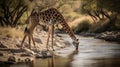 A graceful giraffe bending down to drink from a river created with Generative AI