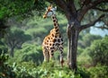 Beautiful giraffe near a green tree in the savannah. Wild nature life