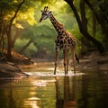 beautiful giraffe in water with nature light generated by AI tool