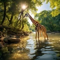 beautiful giraffe in water with nature light generated by AI tool