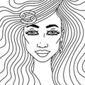 Beautiful girl adult coloring book. Cancer zodiac sign. Black and white vector illustration. Royalty Free Stock Photo