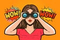 Beautiful girl in amazement looks through binoculars. Vector illustration