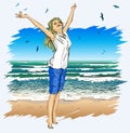 Beautiful girl with arms outstretched on a tropica