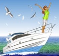 Beautiful girl with arms outstretched on yacht dec Royalty Free Stock Photo