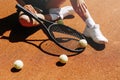 Beautiful girl athlete on the tennis court. Tennis training, racket and ball, concept. Royalty Free Stock Photo