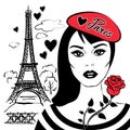 Beautiful Girl In Beret With Symbol France-Eiffel Tower