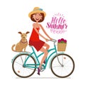 Beautiful girl on bike. Perfect getaway, vacation, journey icon. Cartoon vector illustration