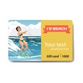 Beautiful girl in bikini on water ski. Sale discount gift card. Royalty Free Stock Photo