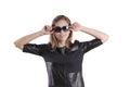 Beautiful girl black dress female sun glasses, portrait attractive isolated Royalty Free Stock Photo