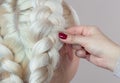 Beautiful girl with blonde hair, hairdresser weaves a braid close-up, Royalty Free Stock Photo