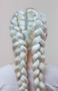 Beautiful girl with blonde hair, hairdresser weaves a braid close-up, in a beauty salon. Royalty Free Stock Photo