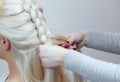 Beautiful girl with blonde hair, hairdresser weaves a braid close-up, in a beauty salon. Royalty Free Stock Photo