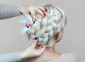 Beautiful girl with blonde hair, hairdresser weaves a braid close-up, in a beauty salon. Royalty Free Stock Photo