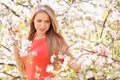Beautiful girl in blooming tree in spring Royalty Free Stock Photo