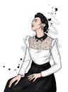 Beautiful girl in a blouse with lace and a long skirt. Stylish woman with a short haircut. Vector illustration. Royalty Free Stock Photo