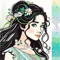 Beautiful girl with blue eyes. Vector illustration. Woman with flowers