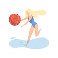 Beautiful Girl in Blue Swimsuit Playing with Ball on Beach on Summer Vacation Vector Illustration Royalty Free Stock Photo