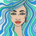 Beautiful girl with blue wave hair. Cancer zodiac sign. Vector illustration. Royalty Free Stock Photo