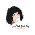 Beautiful girl with bob, perfect hairstyle, beauty salon, watercolor stain logo Royalty Free Stock Photo