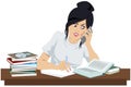 Beautiful girl with books talks on phone. Picture concept for web page design Royalty Free Stock Photo