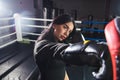 A beautiful girl in boxing gloves hits her paws in the ring. Sexy woman is training in the gym. Beautiful brunette is engaged in Royalty Free Stock Photo