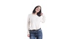 Beautiful girl braces white sweater isolated expression