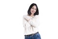 Beautiful girl braces white sweater standing isolated expression