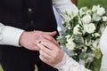 Beautiful girl bride in wedding white dress puts on the groom`s finger the wedding gold ring. Royalty Free Stock Photo