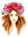 Beautiful girl with bright flowers wreath on head. Watercolor woman portrait. Fashion illustration. Royalty Free Stock Photo