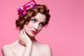 Beautiful girl with bright make-up and pink hat Royalty Free Stock Photo