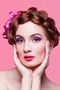 Beautiful girl with bright make-up and pink hat Royalty Free Stock Photo