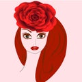 A beautiful girl with bright red lips, brown eyes, with bright red hair, in a hat in the form of a rose