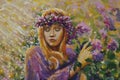 Beautiful girl among bushes with lilac rose flowers in the warm sunshine painting