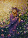 Beautiful girl among bushes with lilac rose flowers in the warm sunshine painting