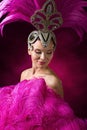 Beautiful Girl in carnival costume with pink feathers. Royalty Free Stock Photo