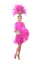 Beautiful girl in carnival costume with rhinestones and pink feathers on white background. Royalty Free Stock Photo