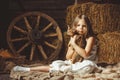 The beautiful girl with a cat about hay. Royalty Free Stock Photo