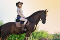 Beautiful girl with chestnut horse in evening field