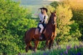 Beautiful girl with chestnut horse in evening forest Royalty Free Stock Photo