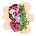 Beautiful girl in Chicano style, with a tattoo, roses in her hair Royalty Free Stock Photo