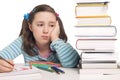 Beautiful girl with color pencils and books worried