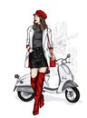 Beautiful girl and a cool motorcycle. Biker. Stylish woman. Fashion and style, clothes and accessories.