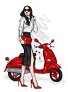 Beautiful girl and a cool motorcycle. Biker. Stylish woman. Fashion and style, clothes and accessories.