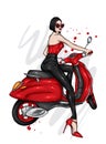 Beautiful girl on a cool motorcycle. Biker. Stylish woman in glasses and high heel shoes. Fashion and style.